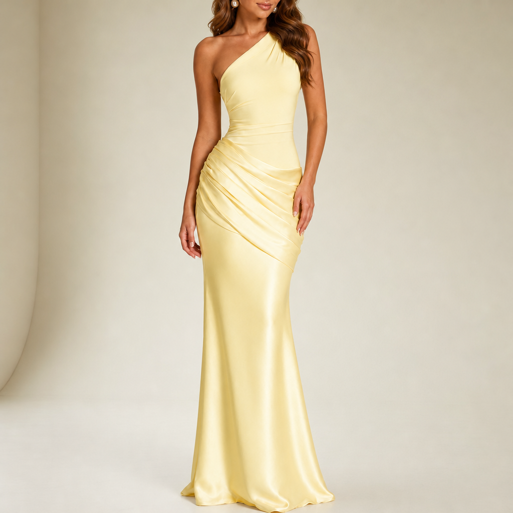 Bonifacio One Shoulder Satin Gown in Yellow
