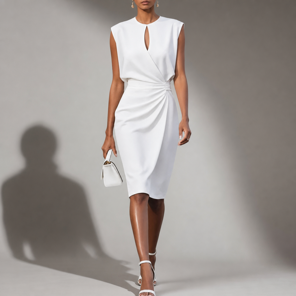 Cadaques Ruched Wrap Midi Dress in White