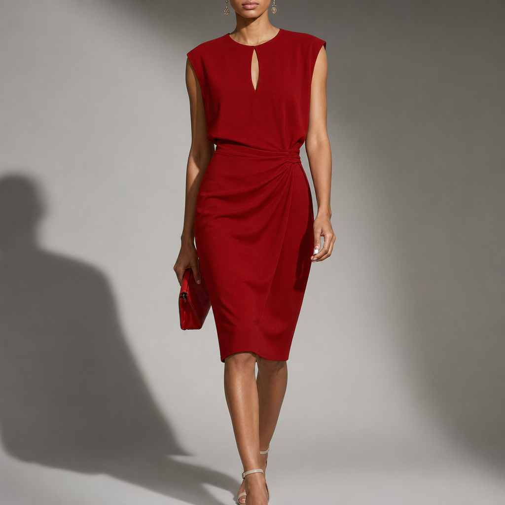 Cadaques Ruched Wrap Midi Dress in Red