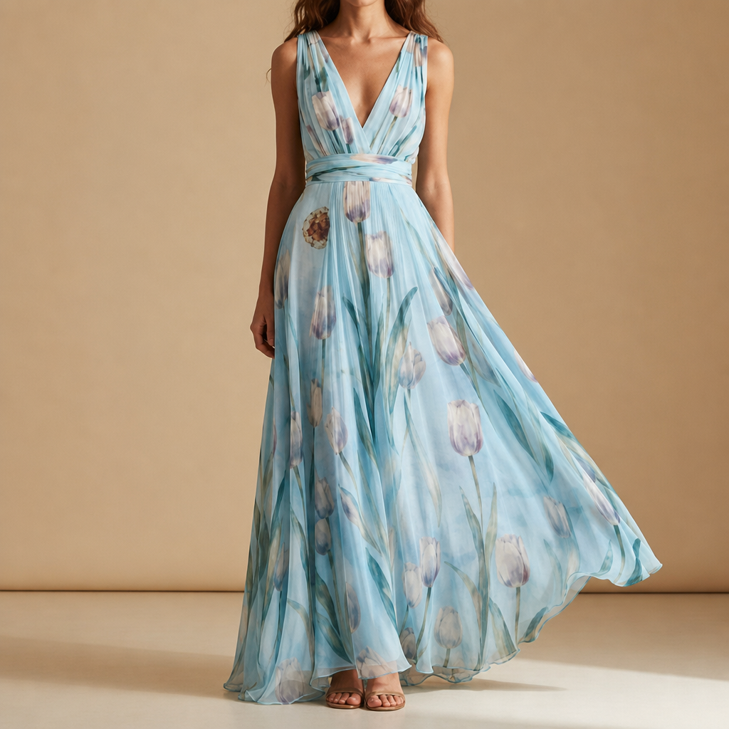 Carcassonne Tulip Floral Chiffon Maxi in Blue