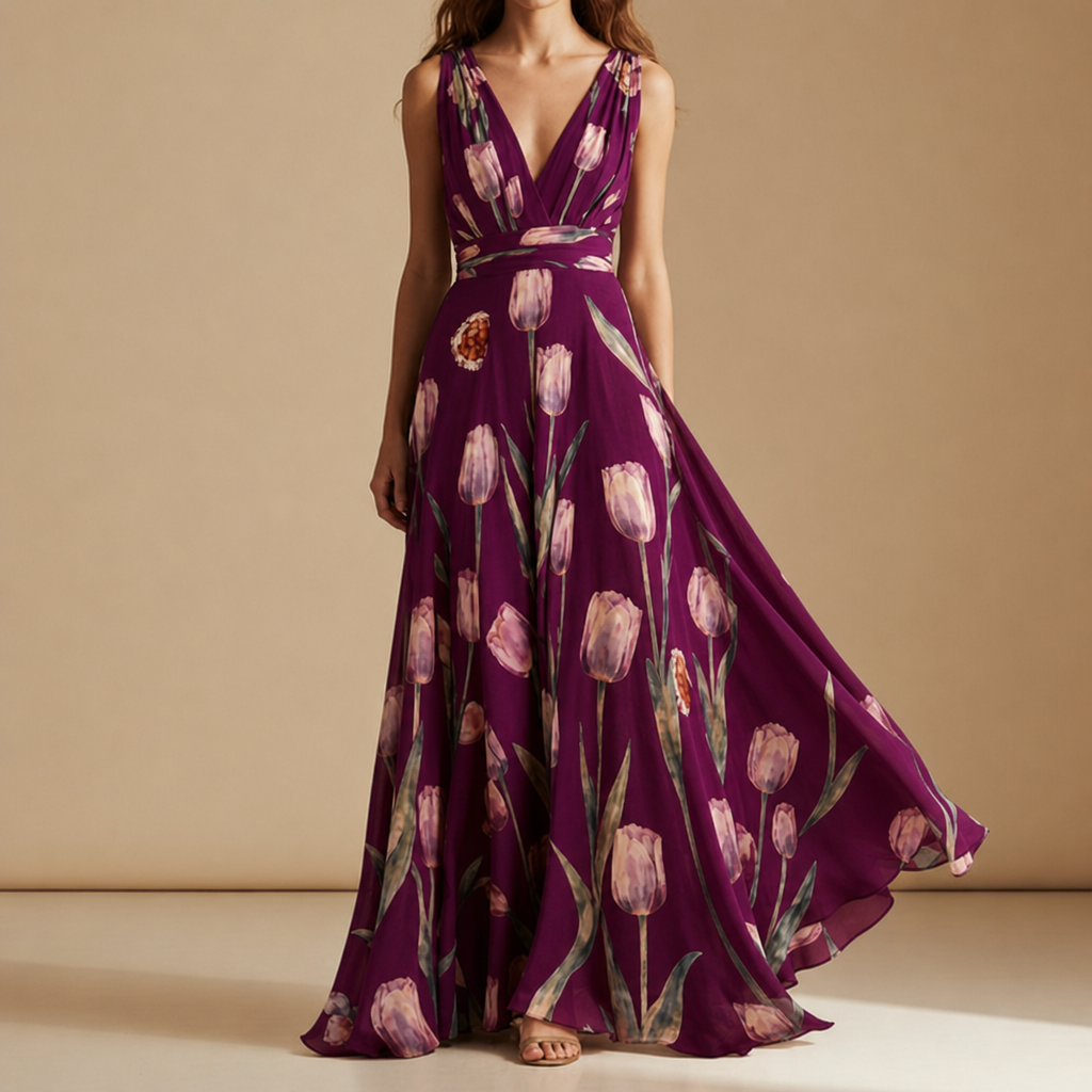 Carcassonne Tulip Floral Chiffon Maxi in Wine