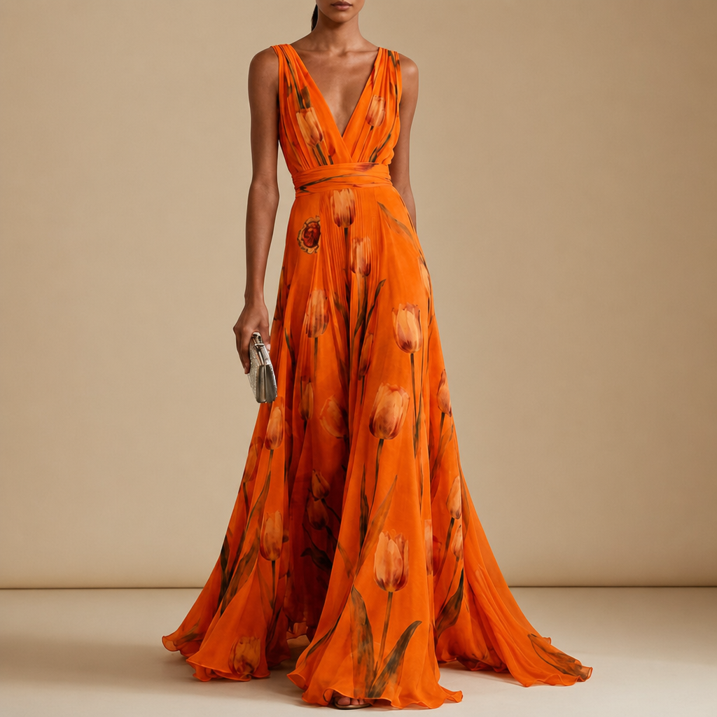 Carcassonne Tulip Floral Chiffon Maxi in Orange