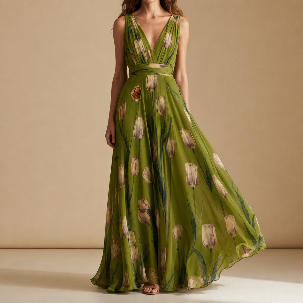 Carcassonne Tulip Floral Chiffon Maxi in Olive