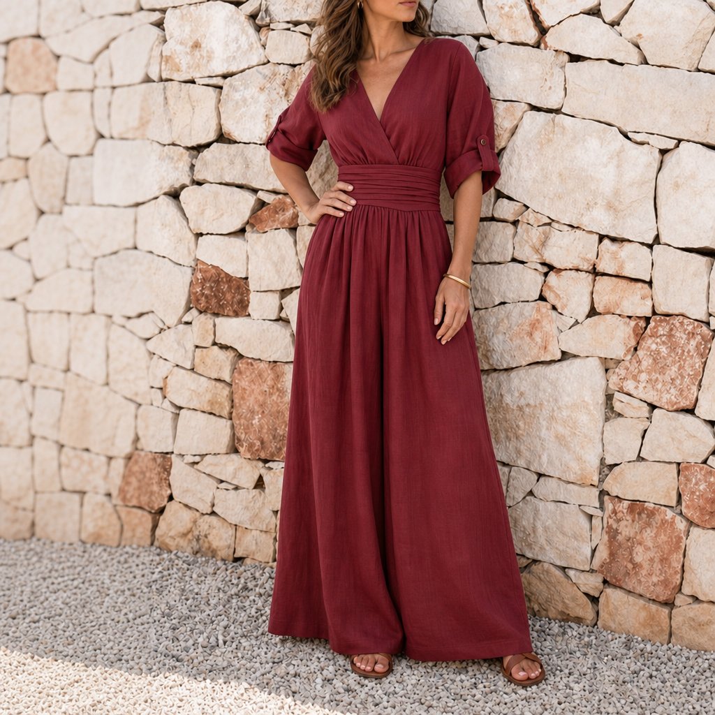 Ceret Cross Front Wide-Leg Jumpsuit in Red