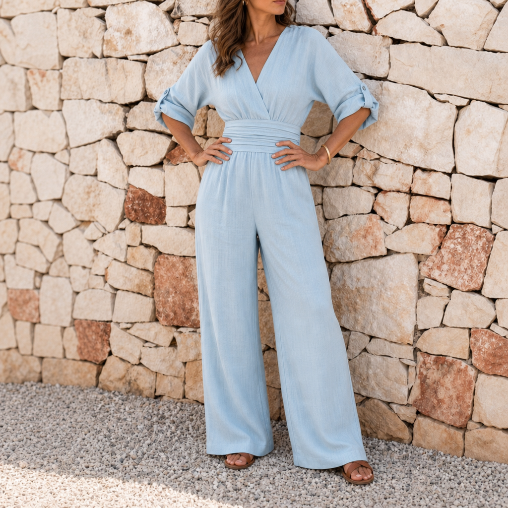 Ceret Cross Front Wide-Leg Jumpsuit in Sky blue