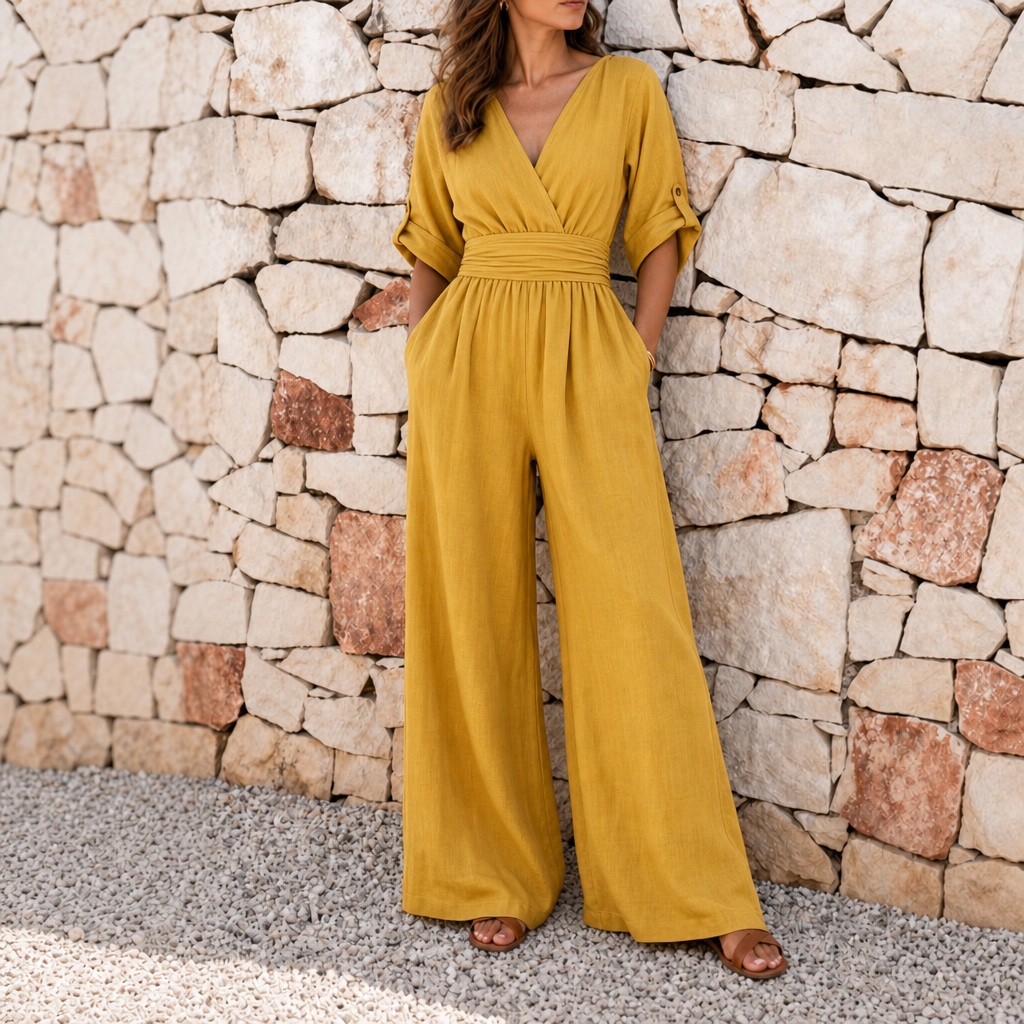 Ceret Cross Front Wide-Leg Jumpsuit in Yellow