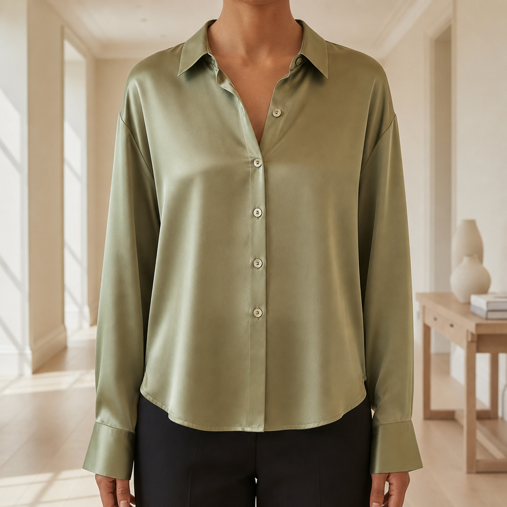 Ceret Satin Button-Up Blouse in Olive Green