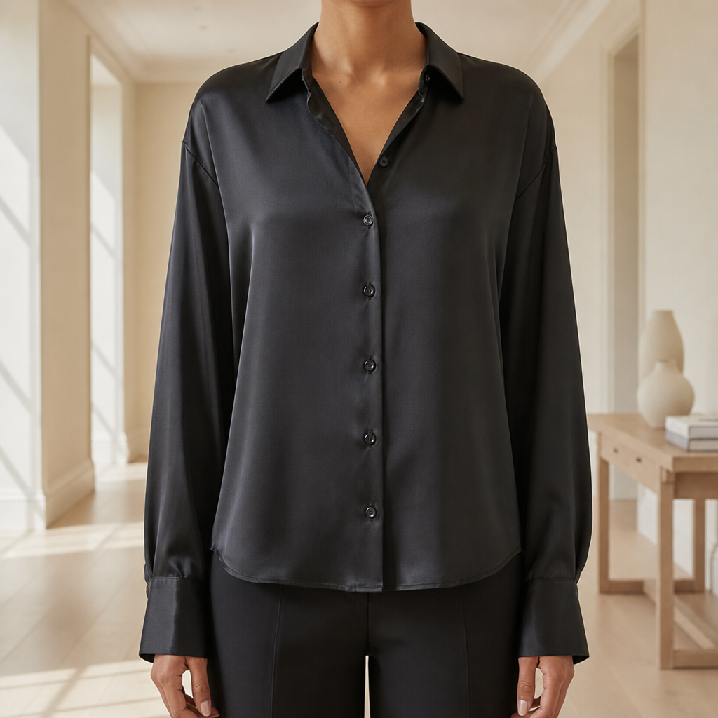 Ceret Satin Button-Up Blouse in Black