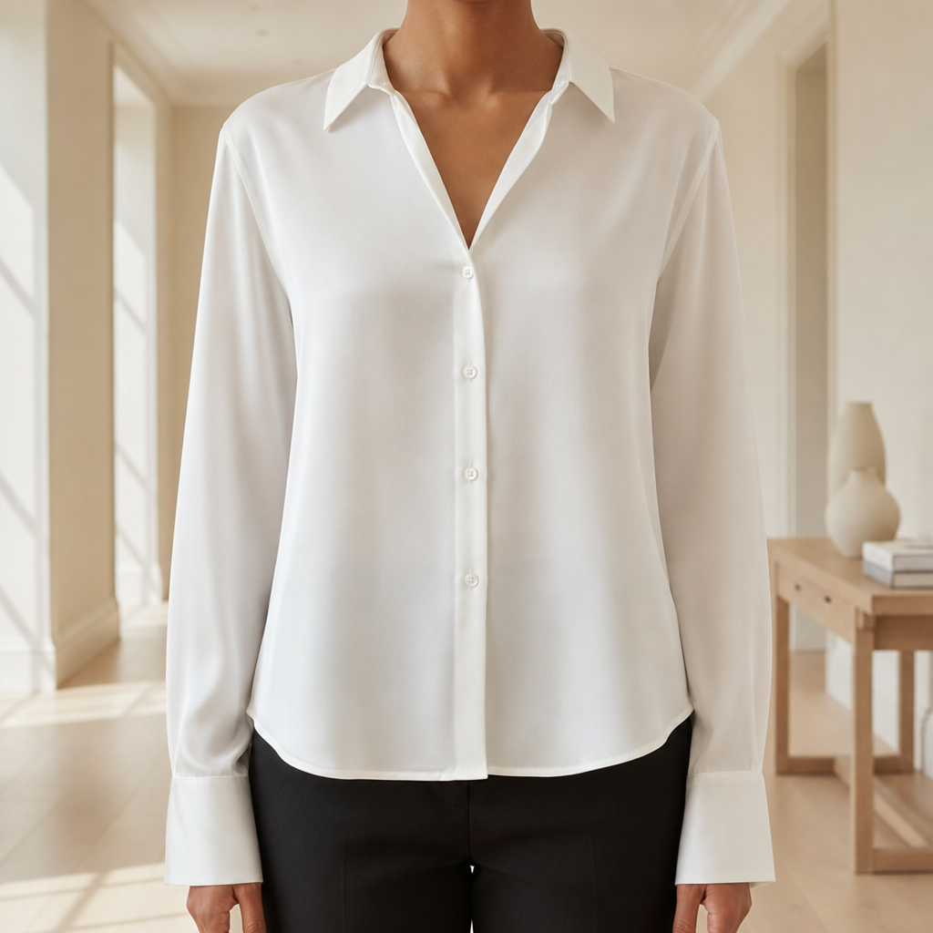 Ceret Satin Button-Up Blouse in White
