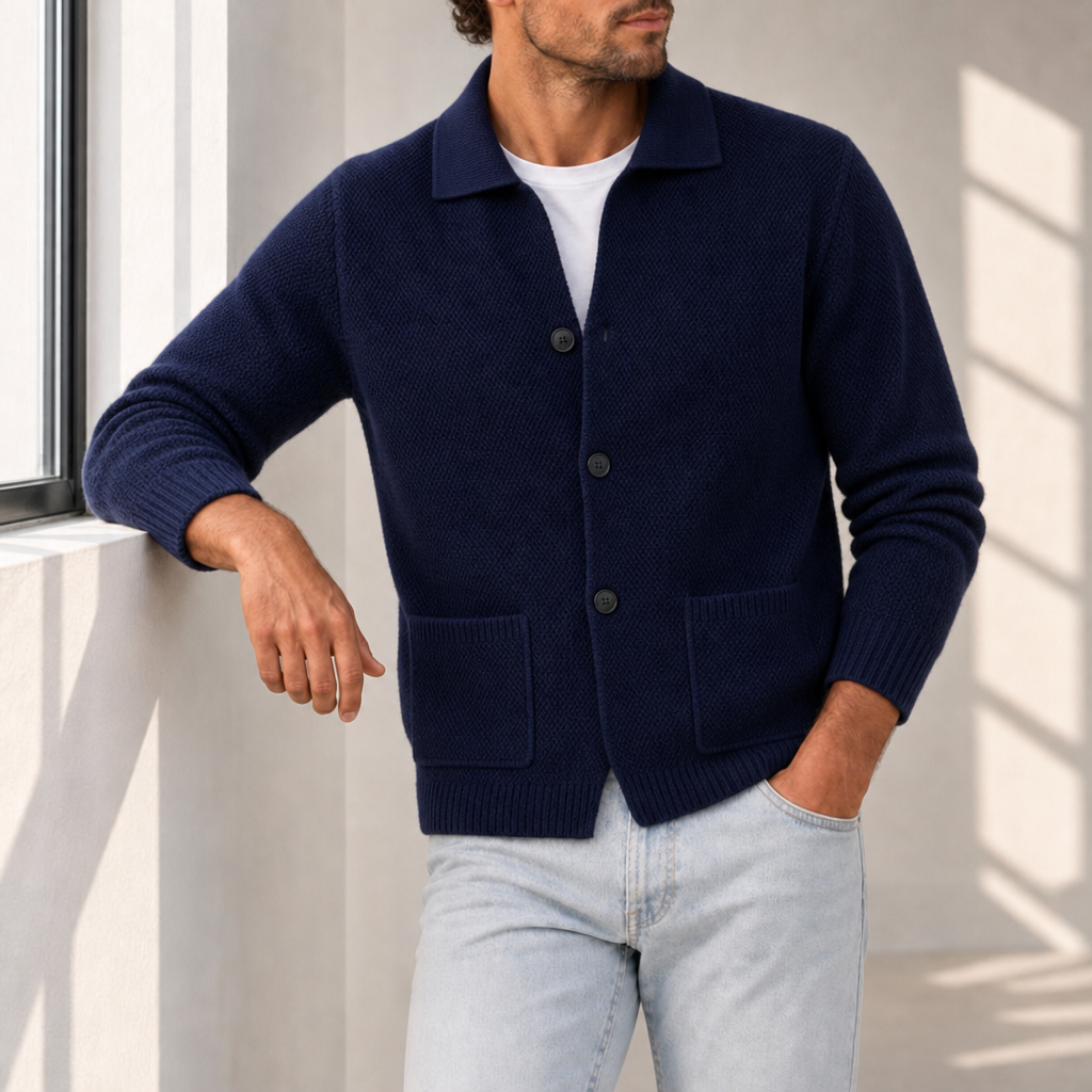 Como Cashmere Knit Cardigan in Navy Blue