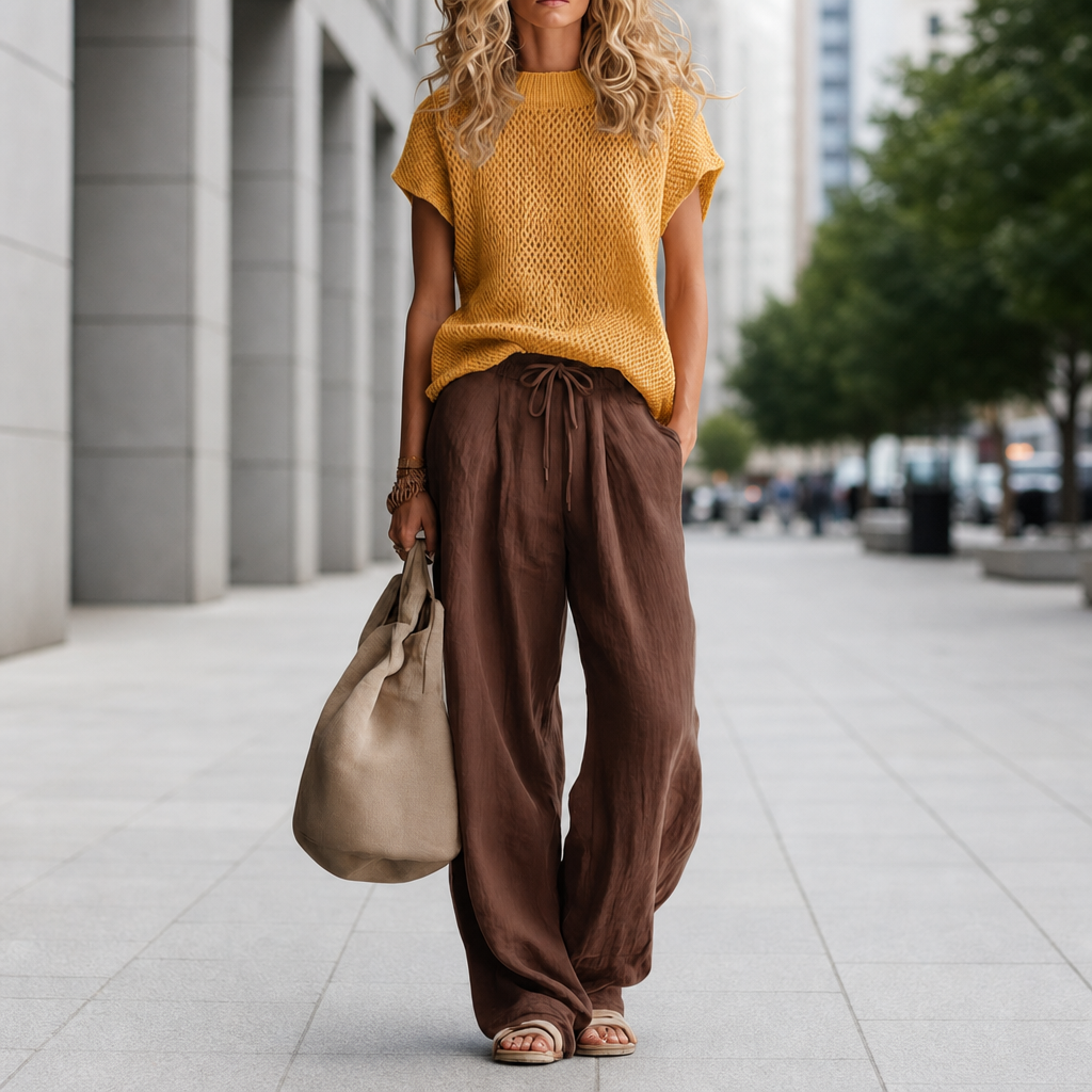 Cordoba Knit Top Linen Set in Coffee