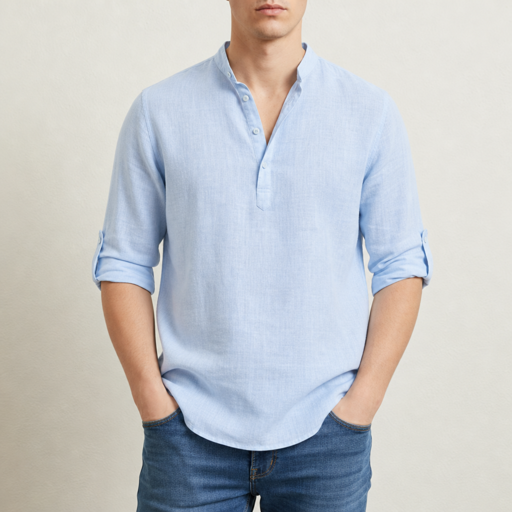 Corte Linen Henley Shirt in Light Blue