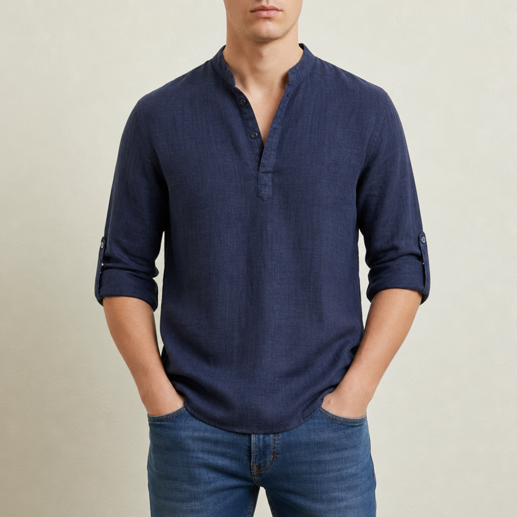 Corte Linen Henley Shirt in Dark Blue