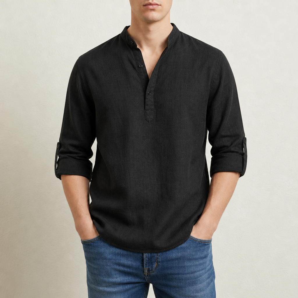 Corte Linen Henley Shirt in Black