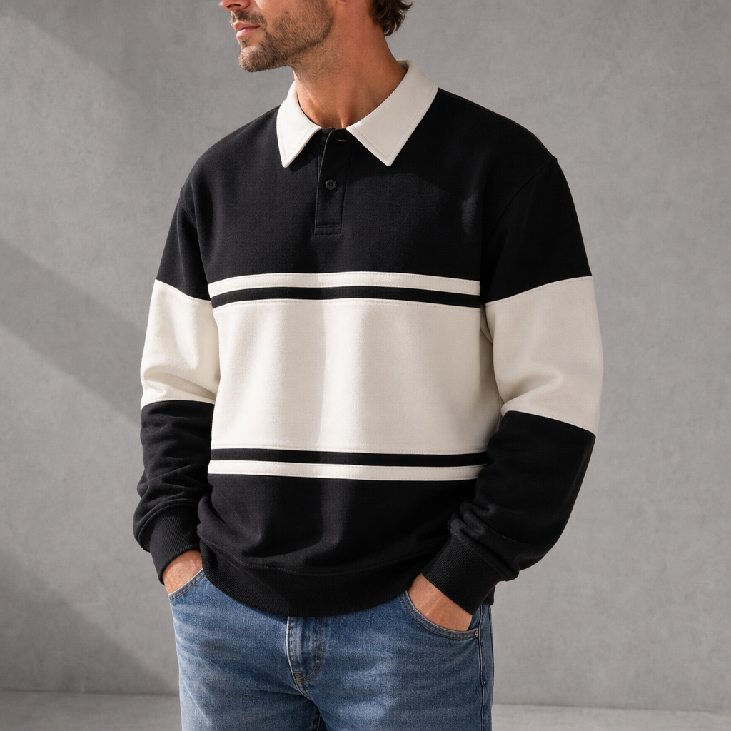 Ericeira Striped Rugby Polo in Black