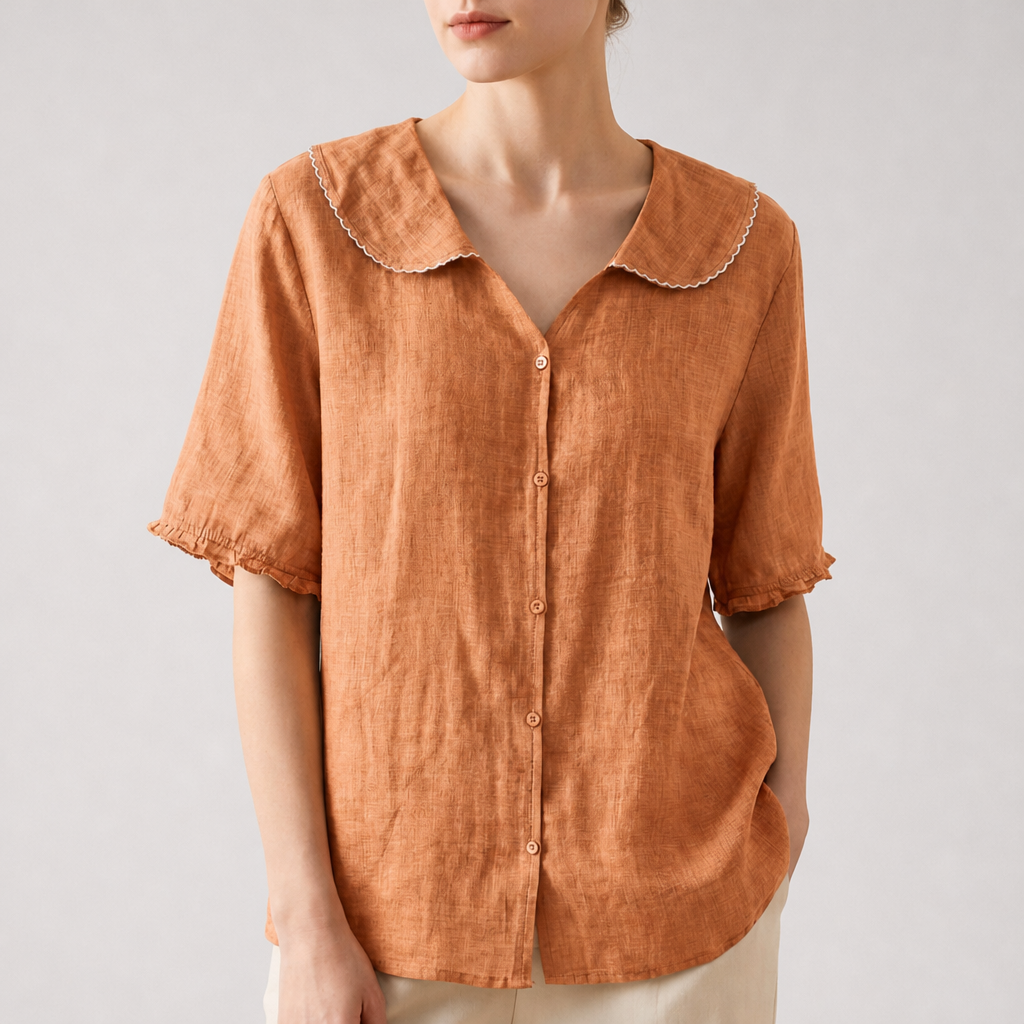 Estoril Scallop Collar Blouse in Terracotta Orange