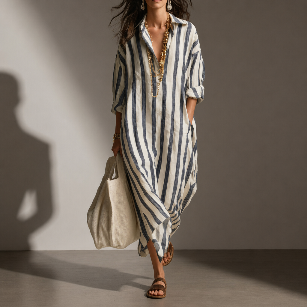 Folegandros Striped Linen Shirt Dress in Blue