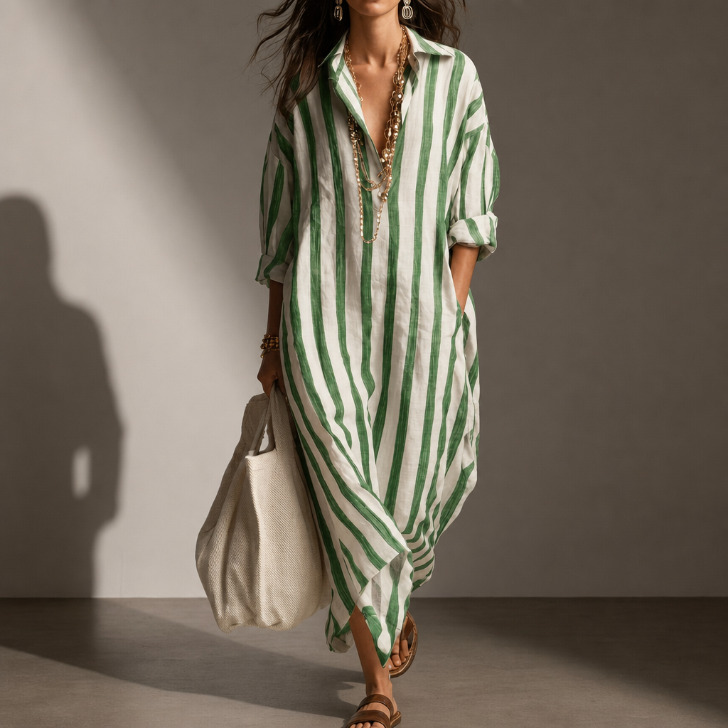 Folegandros Striped Linen Shirt Dress in Green