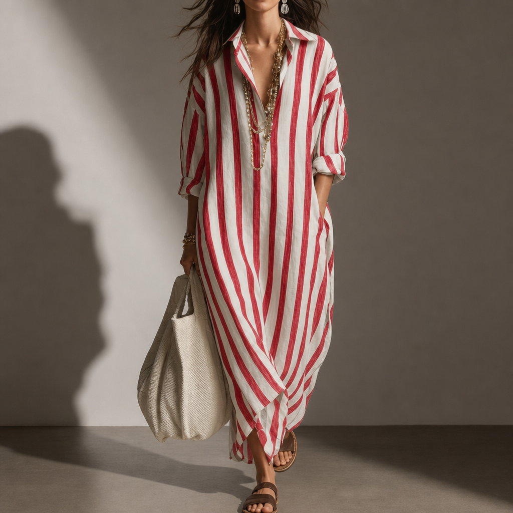 Folegandros Striped Linen Shirt Dress in Red