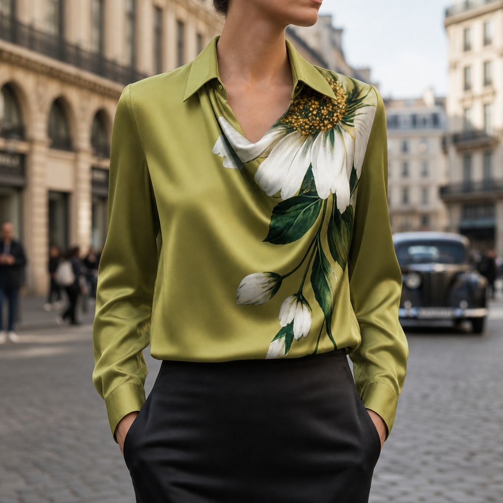 Formentera Satin Cowl Neck Blouse in Green