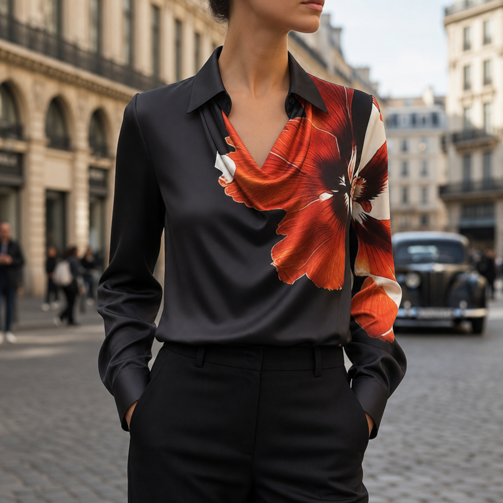 Formentera Satin Cowl Neck Blouse in Red