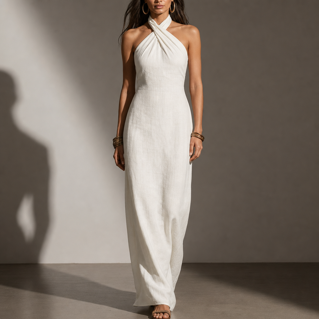 Formentor Linen Halter Maxi Dress in White