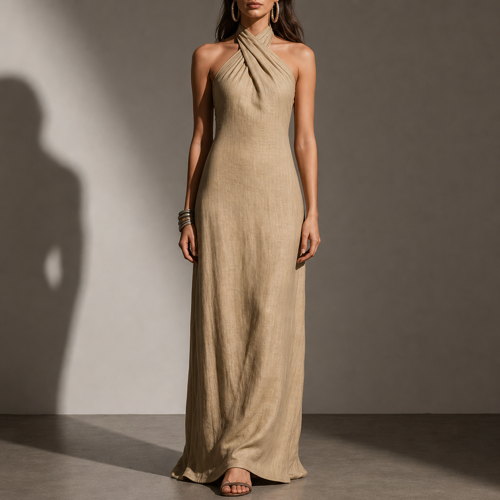 Formentor Linen Halter Maxi Dress in Khaki