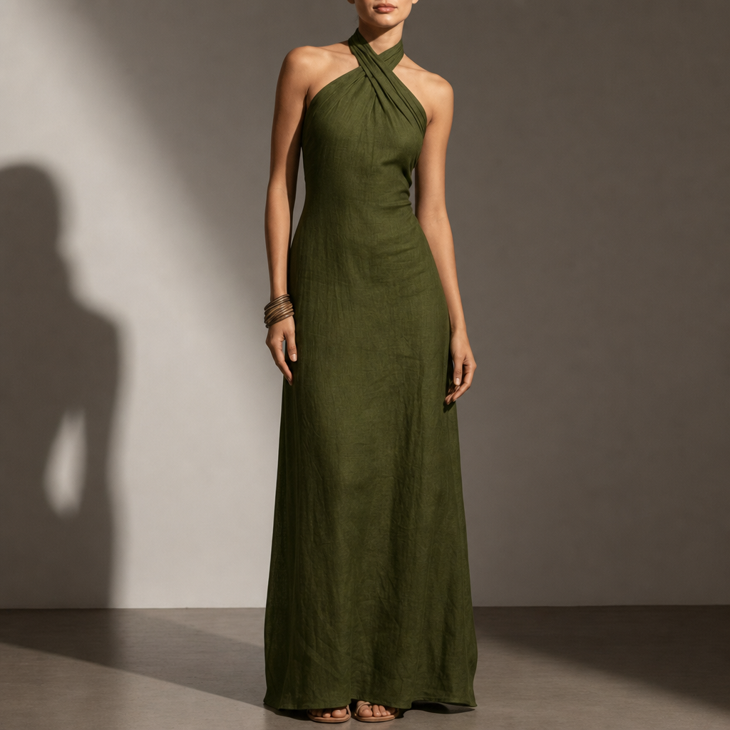 Formentor Linen Halter Maxi Dress in Olive