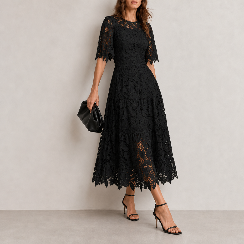 Funchal Lace Tiered Midi Dress in Black