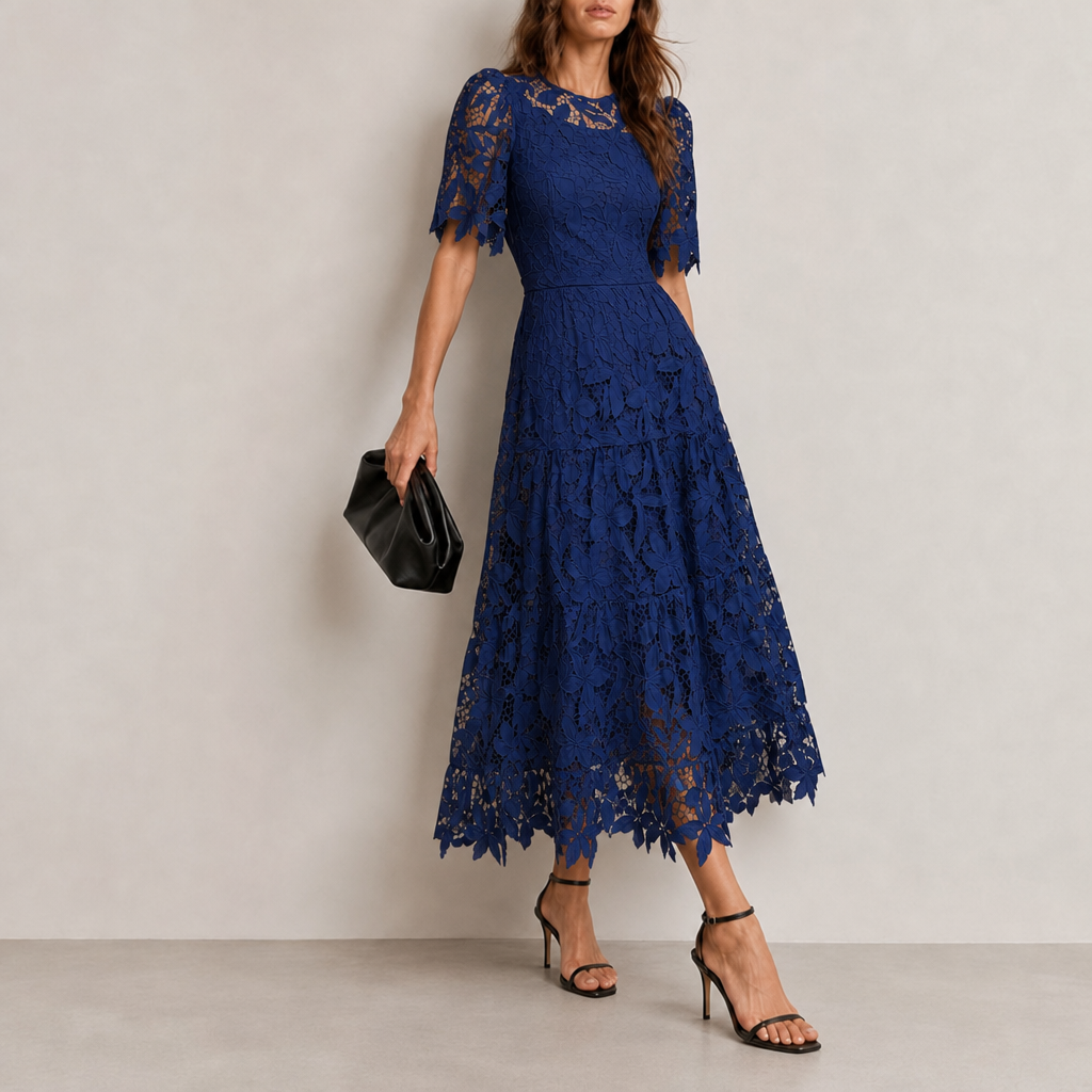 Funchal Lace Tiered Midi Dress in Blue
