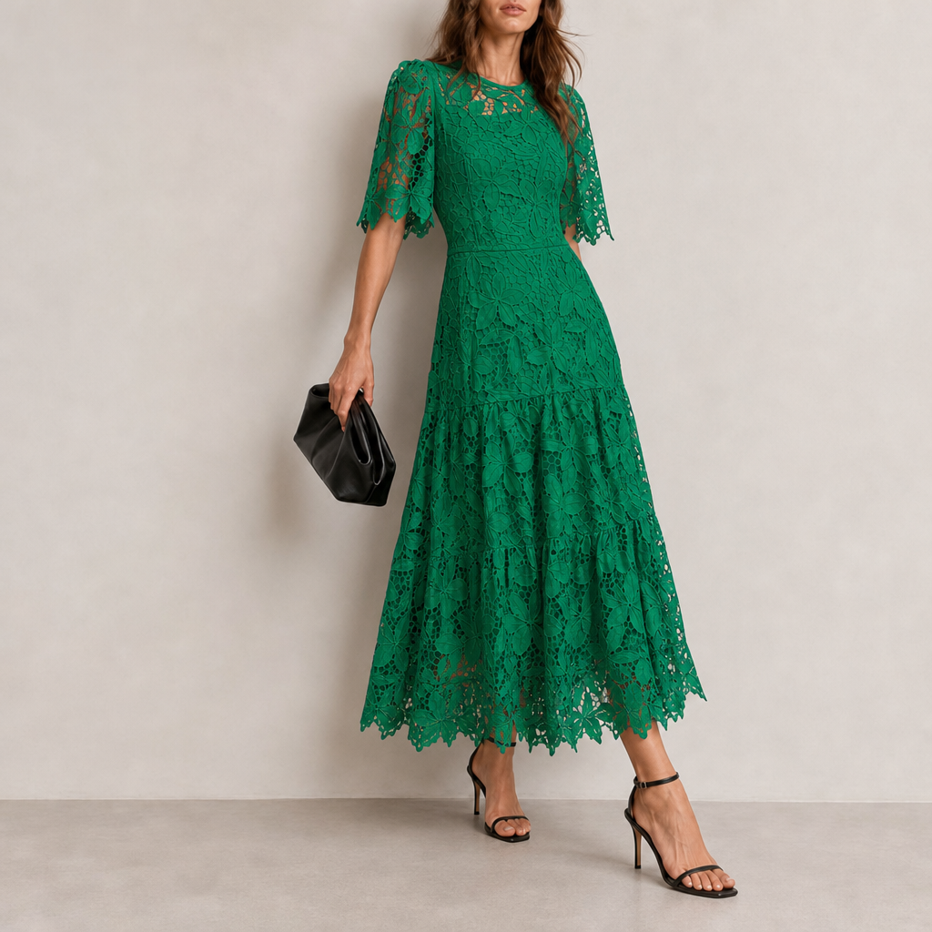 Funchal Lace Tiered Midi Dress in Green