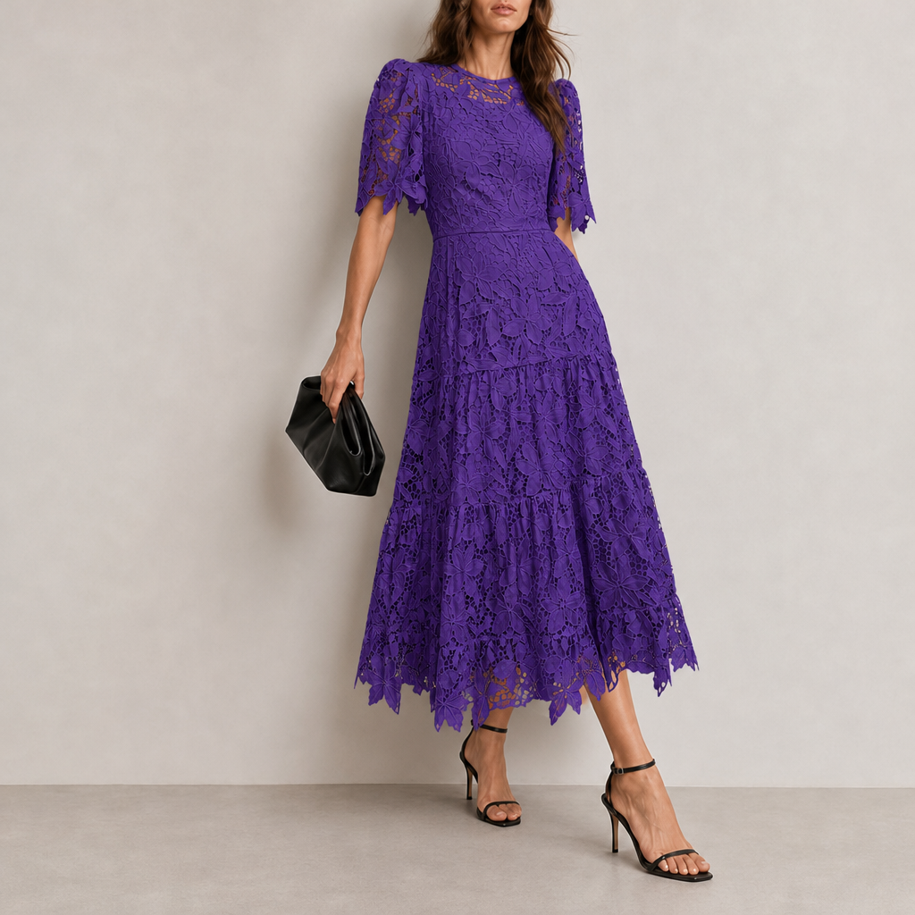 Funchal Lace Tiered Midi Dress in Purple