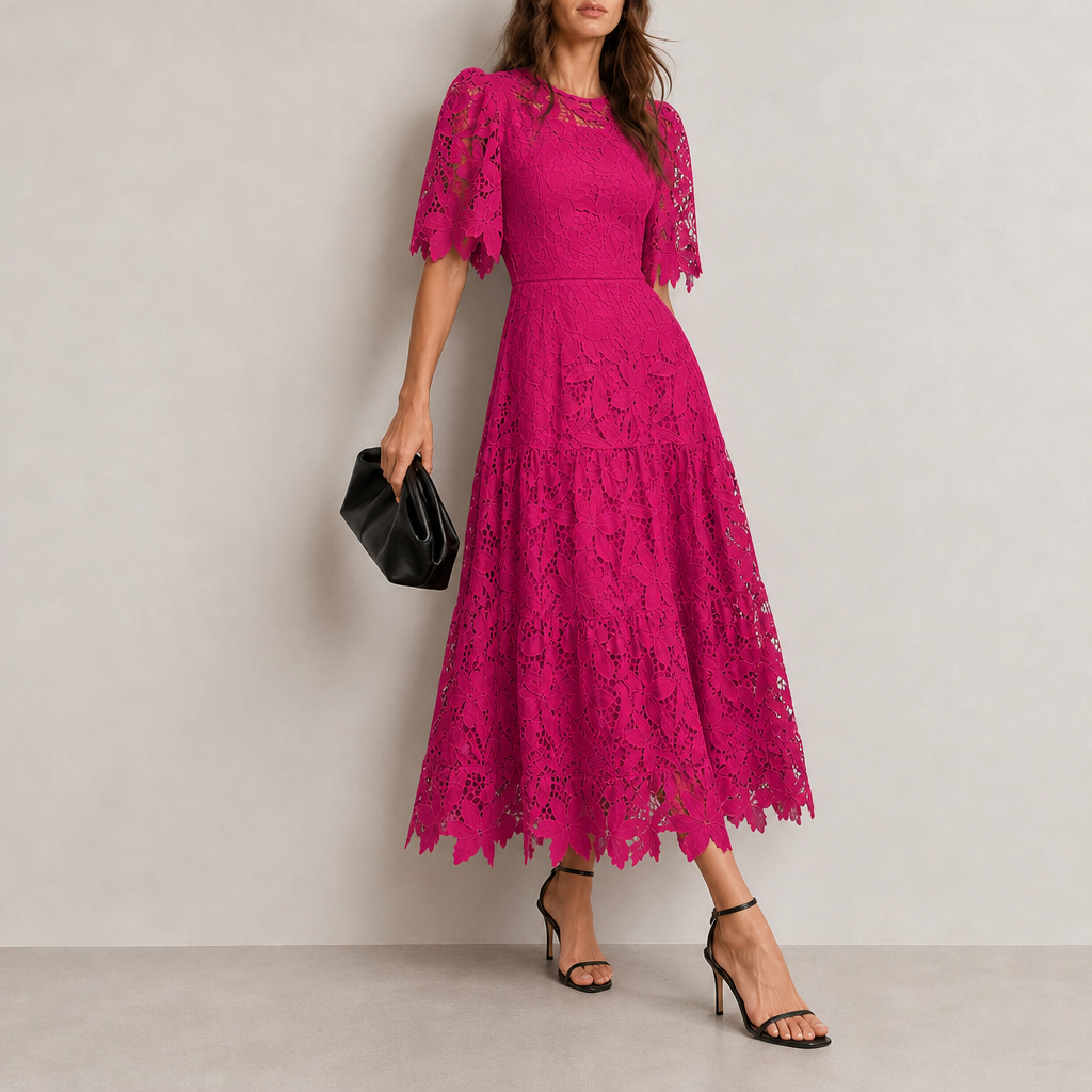 Funchal Lace Tiered Midi Dress in Rose Red