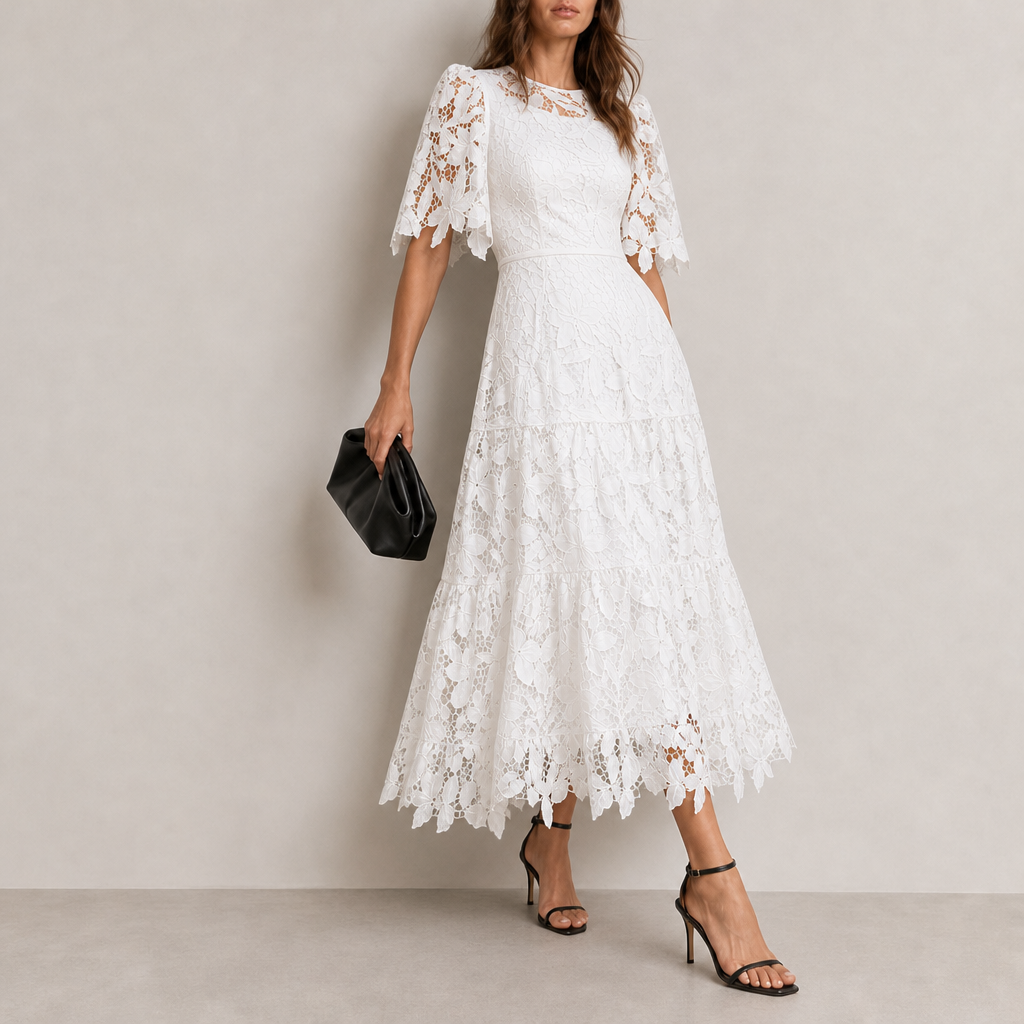 Funchal Lace Tiered Midi Dress in White