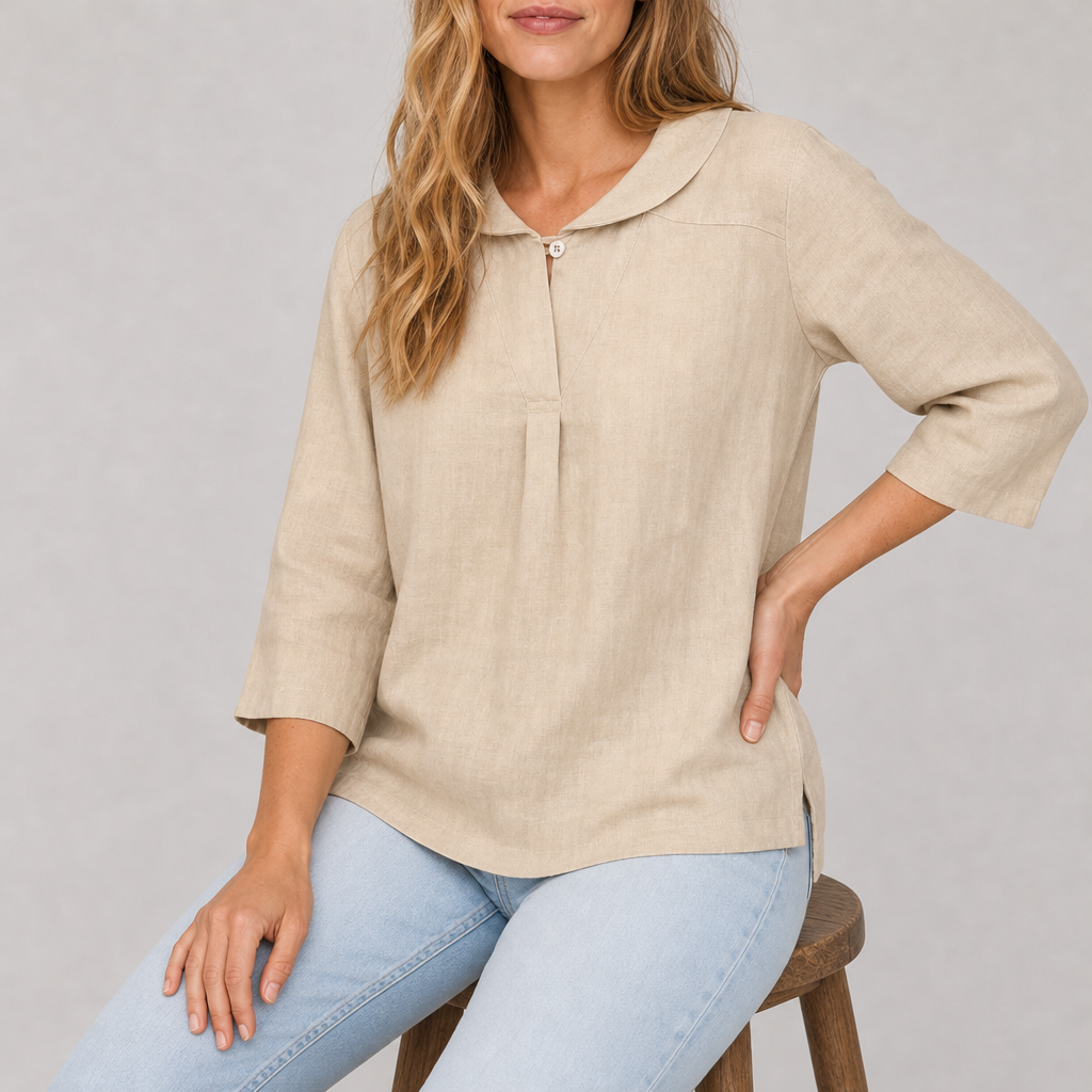 Gaeta Linen V-Neck Blouse in Khaki