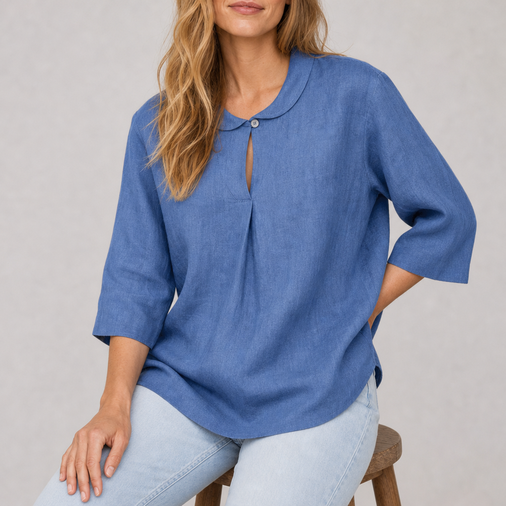 Gaeta Linen V-Neck Blouse in Denim Blue