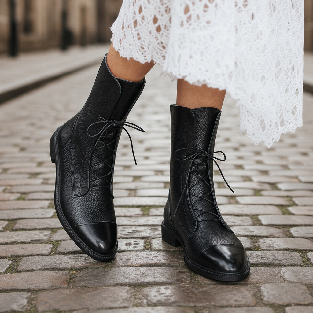 Getaria Orthopedic Lace-Up Leather Boots in Black