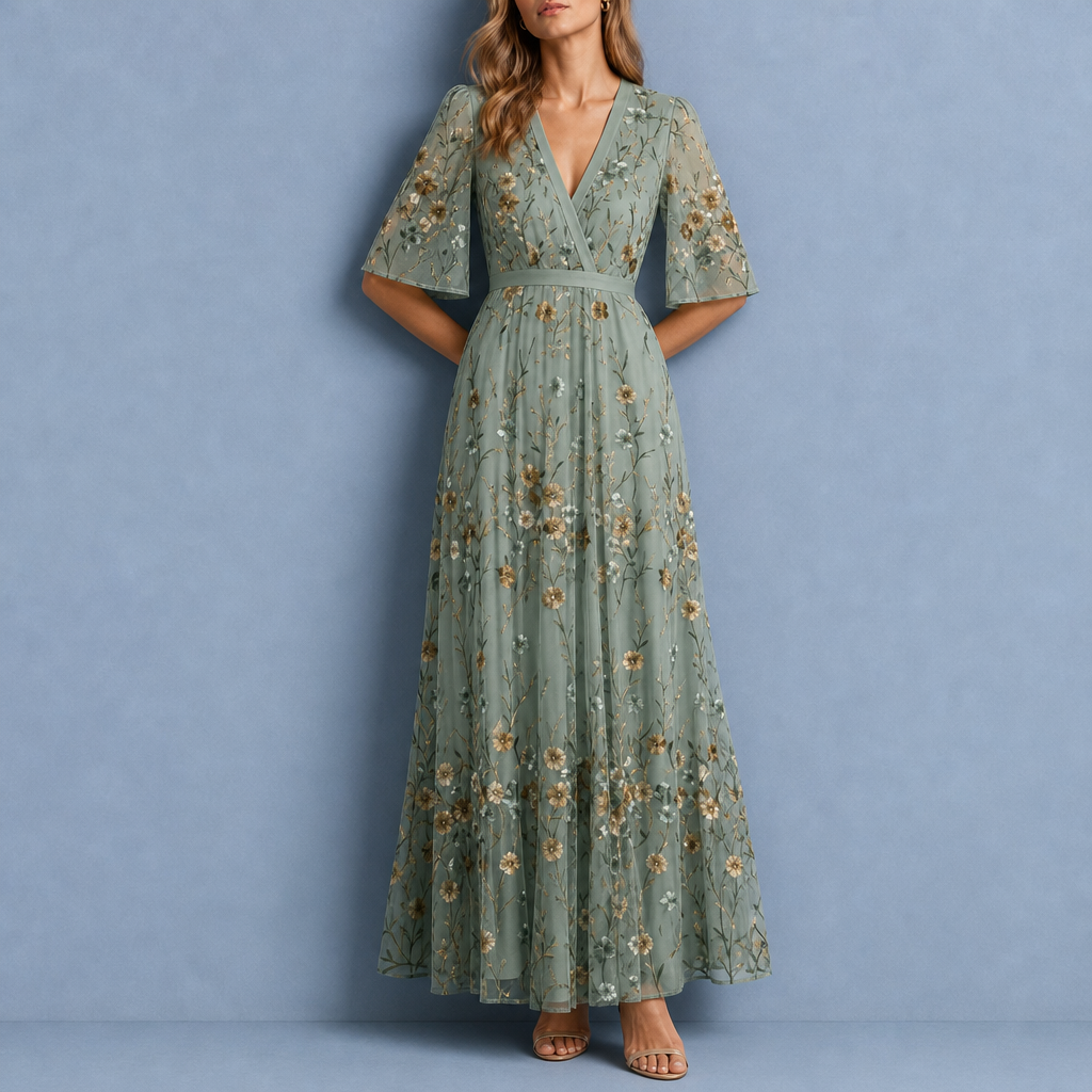 Gijon Floral Embroidered Maxi Dress in Sage Green