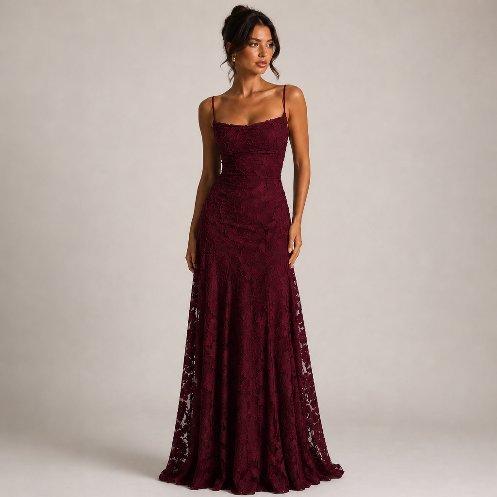 Girona Floral Lace Maxi Dress in Burgundy