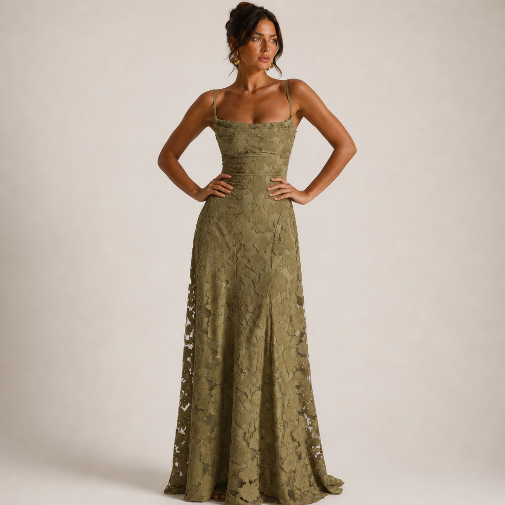 Girona Floral Lace Maxi Dress in Green