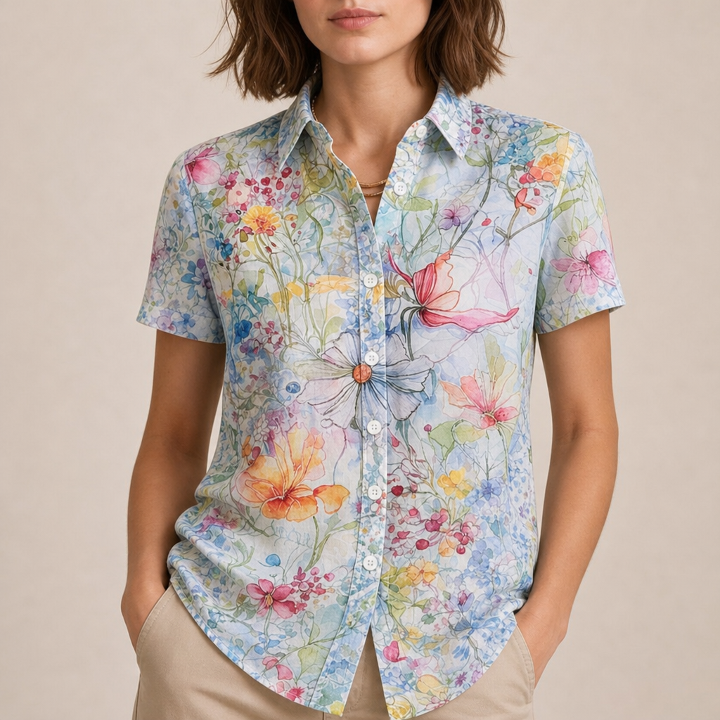 Guimaraes Floral Button-Up Blouse in Light Blue