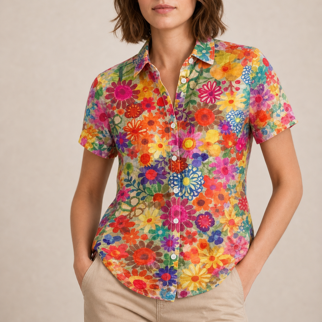 Guimaraes Floral Button-Up Blouse in Orange