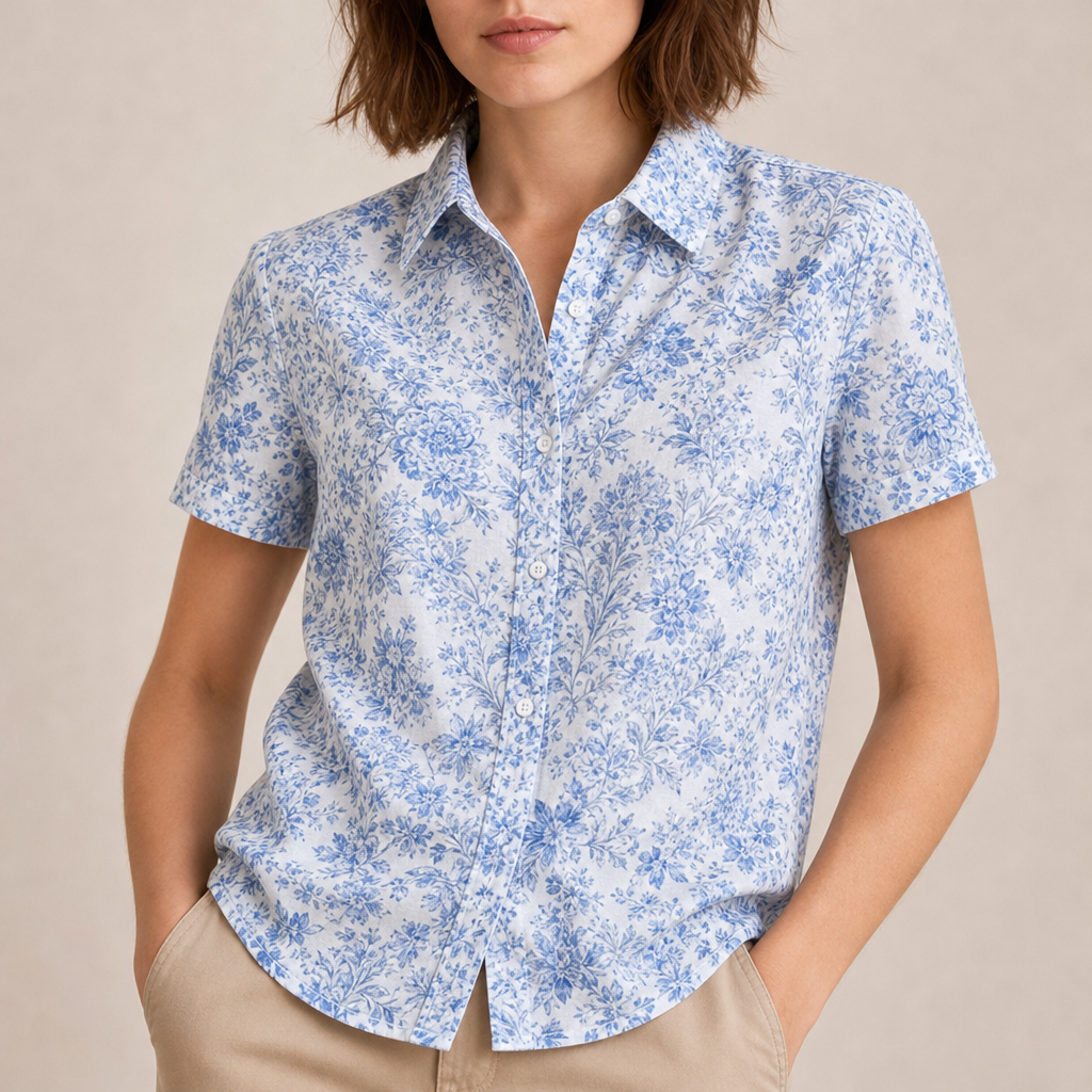 Guimaraes Floral Button-Up Blouse in Sea Blue
