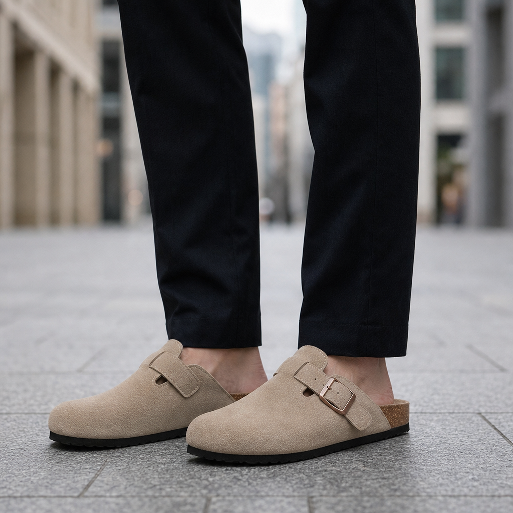 Ikaria Suede Buckle Clogs in Beige