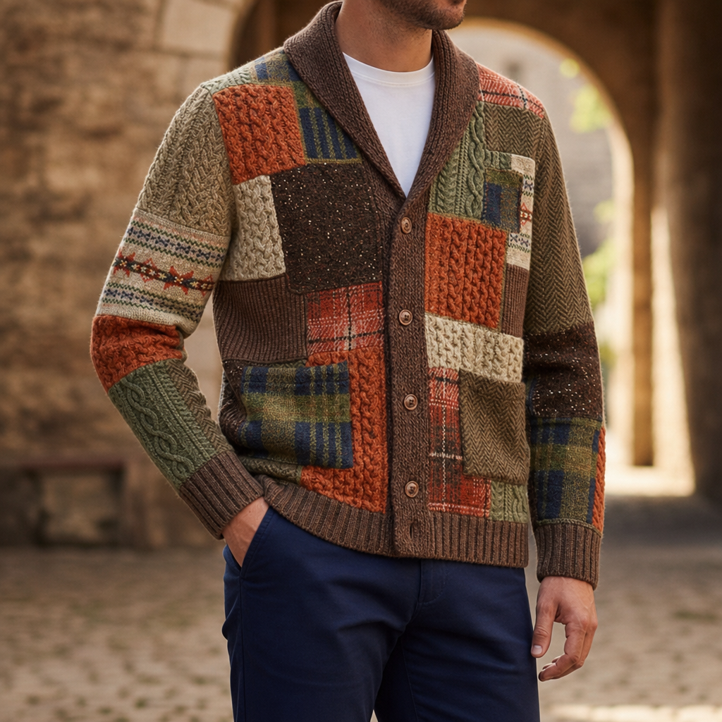 Javea Patchwork Shawl Cardigan in Brown