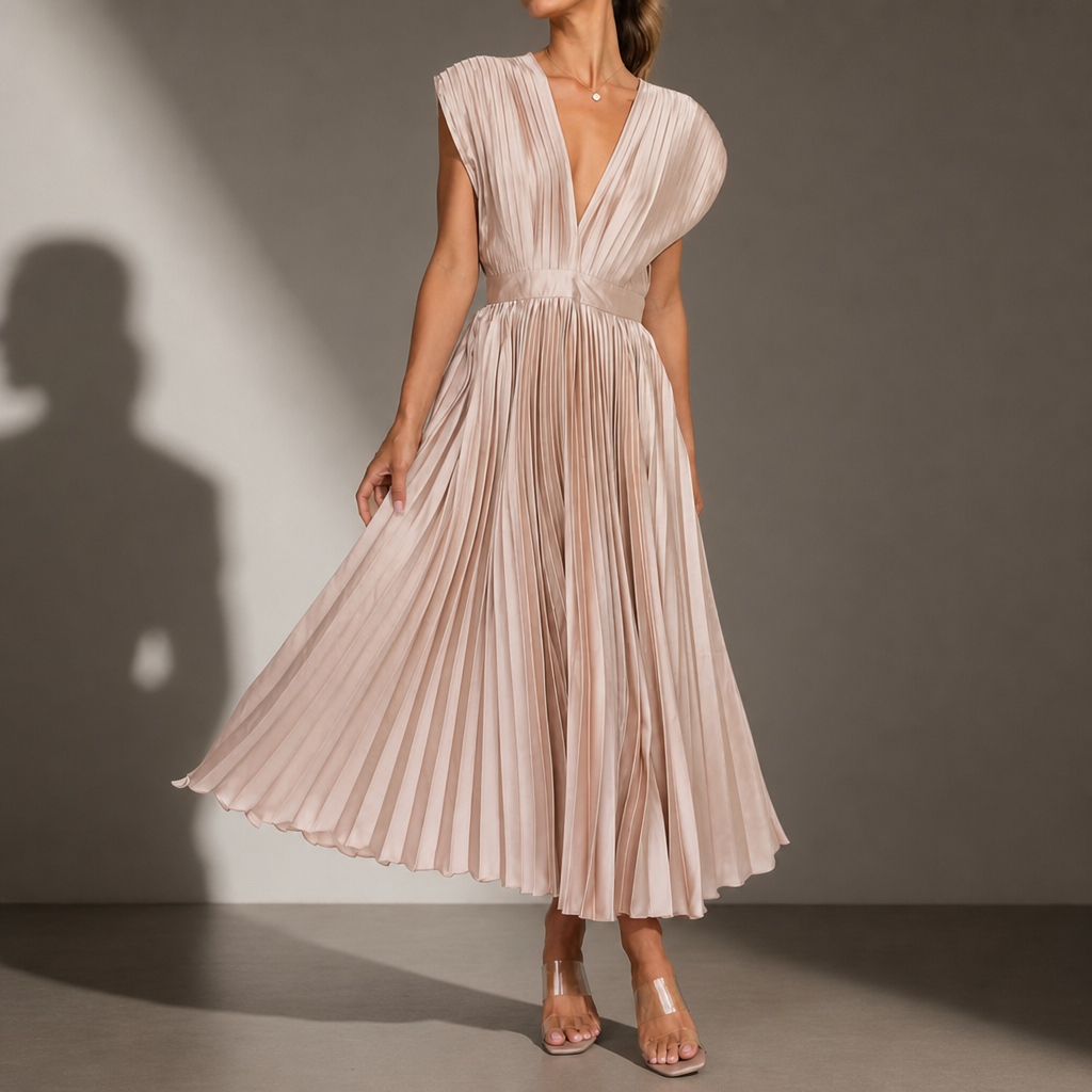 Kakopetria Pleated V-Neck Midi Dress in Champagne