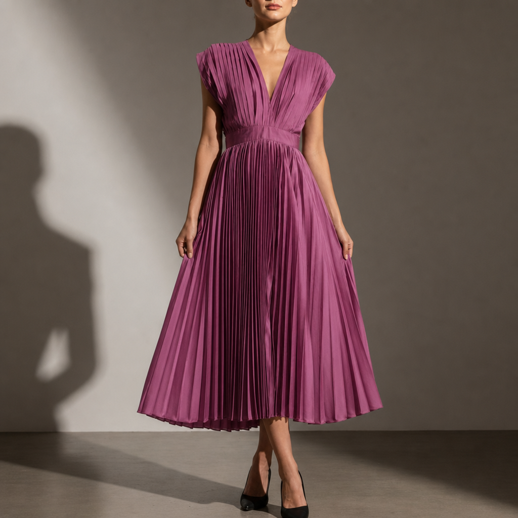 Kakopetria Pleated V-Neck Midi Dress in Plum