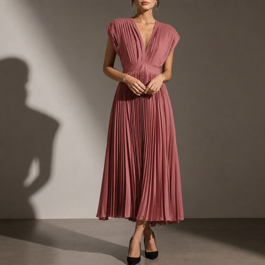 Kakopetria Pleated V-Neck Midi Dress in Roségold