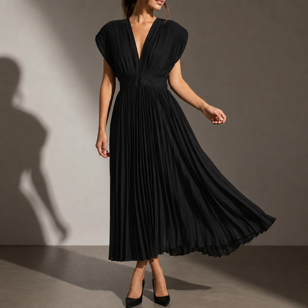 Kakopetria Pleated V-Neck Midi Dress in Black