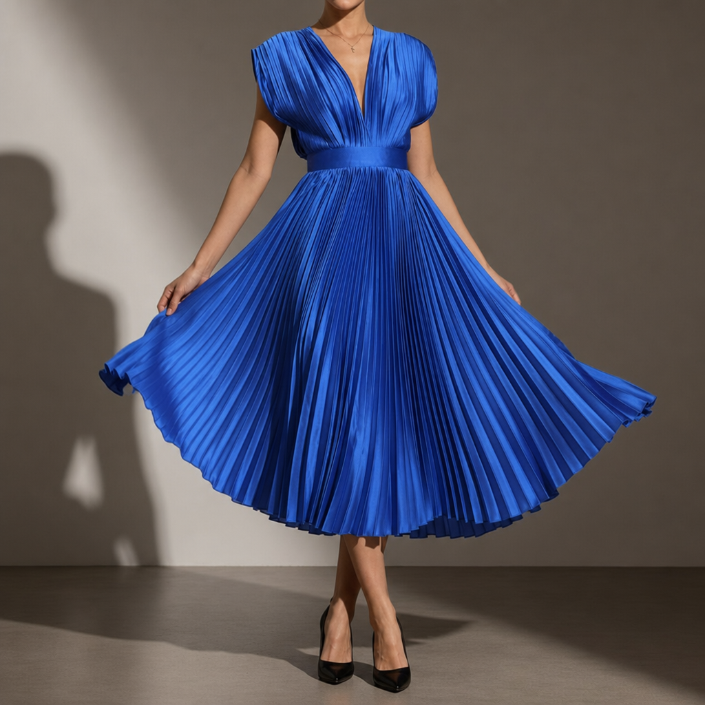 Kakopetria Pleated V-Neck Midi Dress in Blue